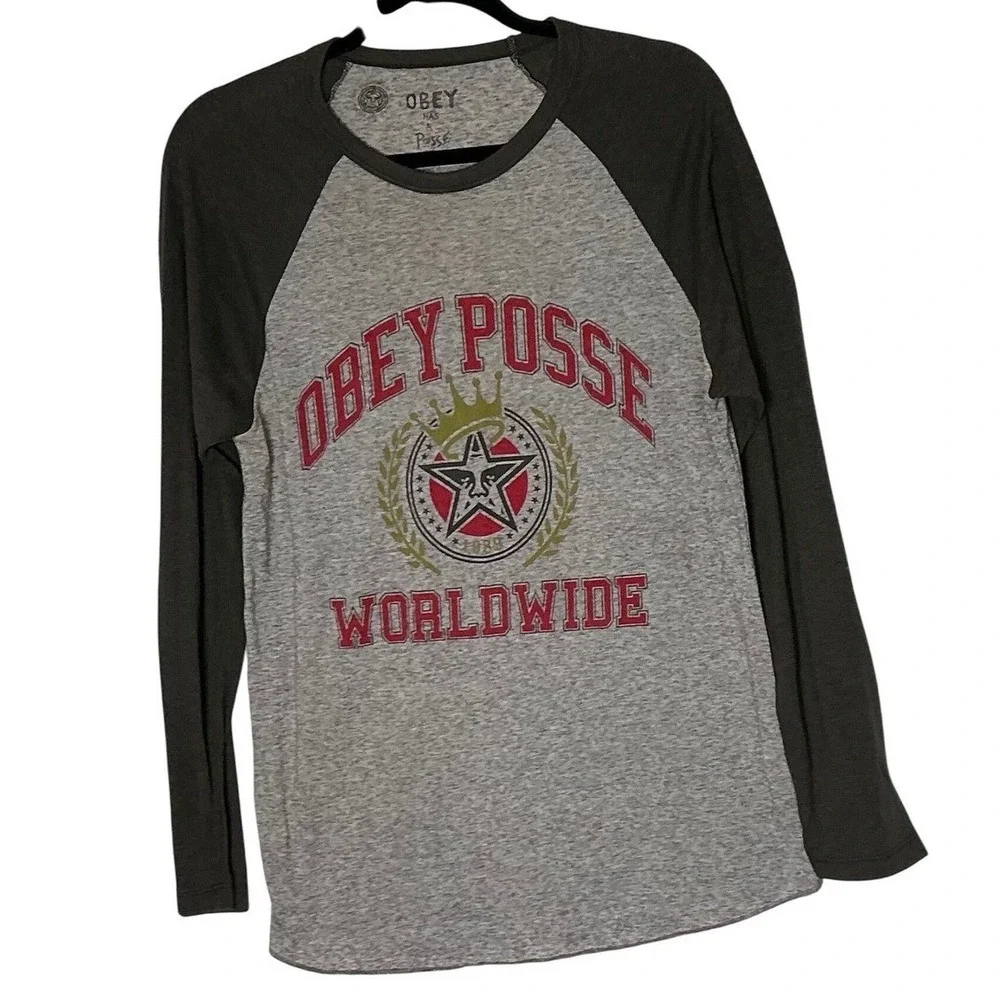 Obey Posse Worldwide Mens‎ Raglan Baseball Graphic T-Shirt Grey Medium CA26912